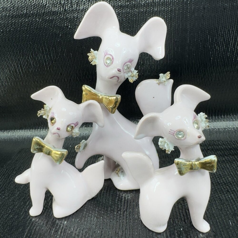Thames Pink Ceramic Poodle Figurines Gold Bows Rhinestone Eyes Spaghetti Set 3
